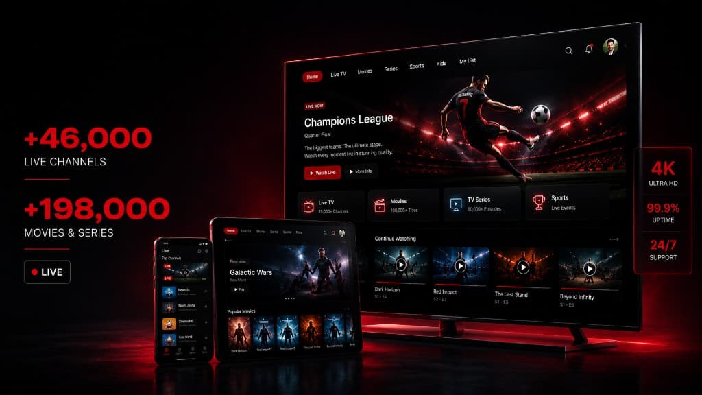 Premium IPTV streaming interface with live football and 4K channels